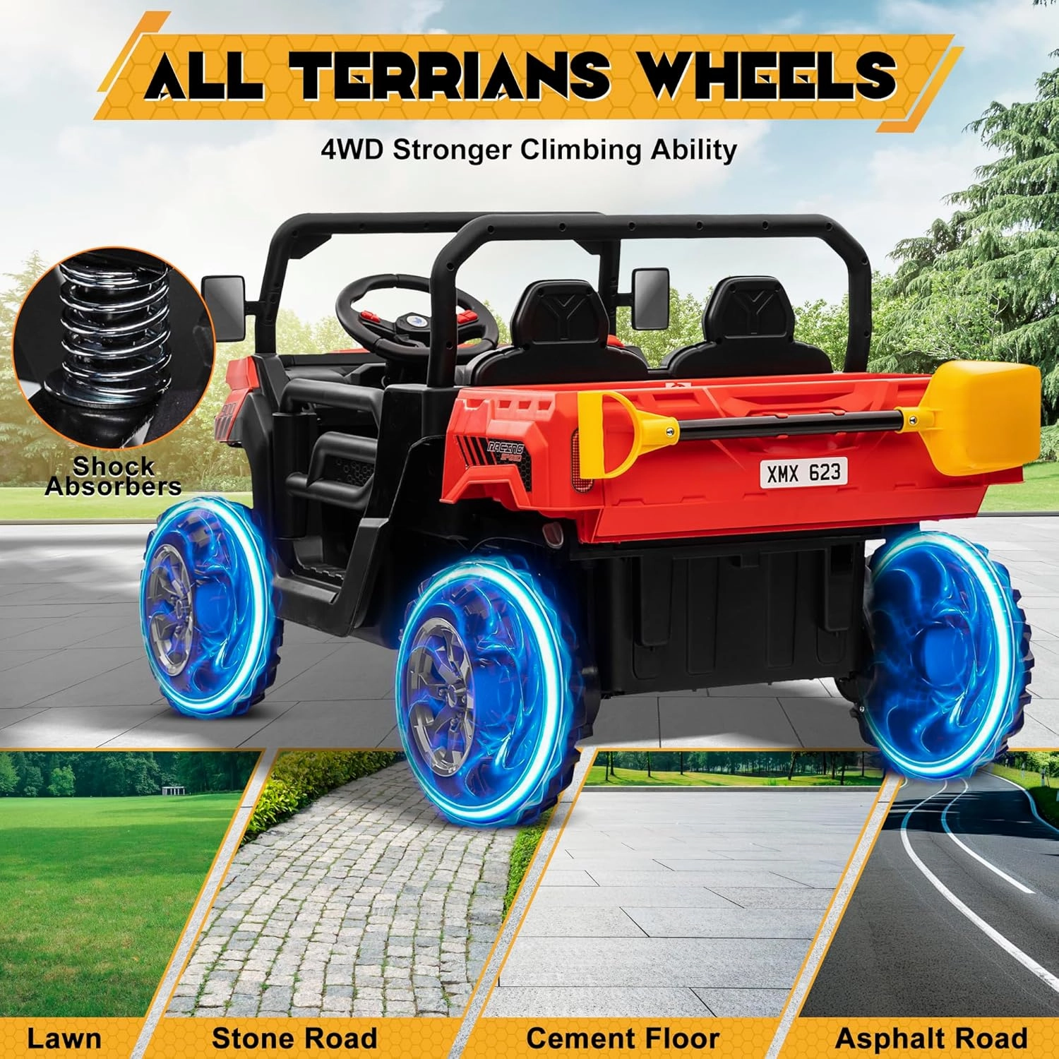 24V 4WD Ride on Car Dump Truck w/4X200W Motor, Gift Flower, 2.4G Remote Control, Bluetooth Music, LED Light, 24 Volt Ride on Toy Cars for Big Kids, Red