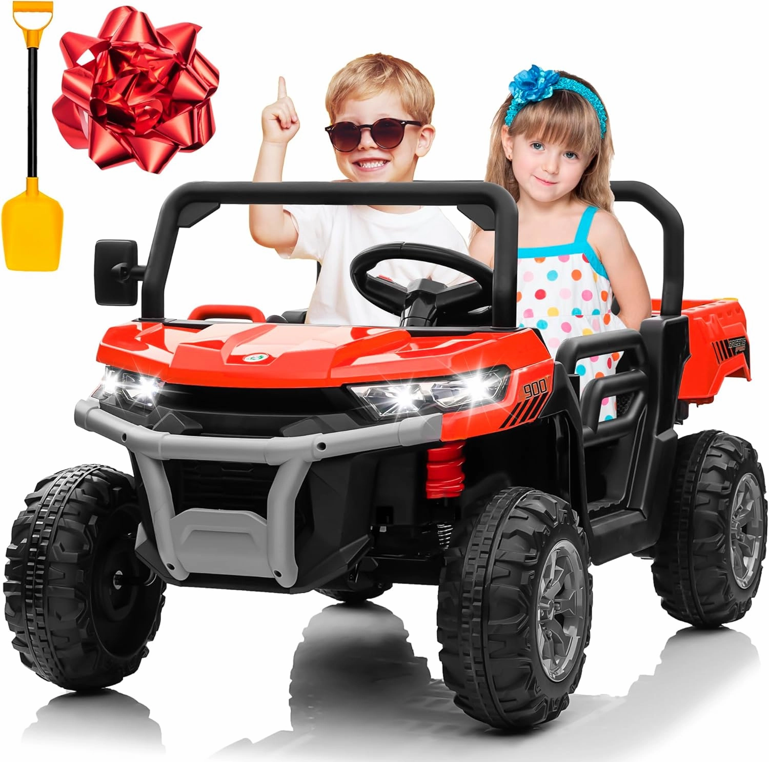 24V 4WD Ride on Car Dump Truck w/4X200W Motor, Gift Flower, 2.4G Remote Control, Bluetooth Music, LED Light, 24 Volt Ride on Toy Cars for Big Kids, Red