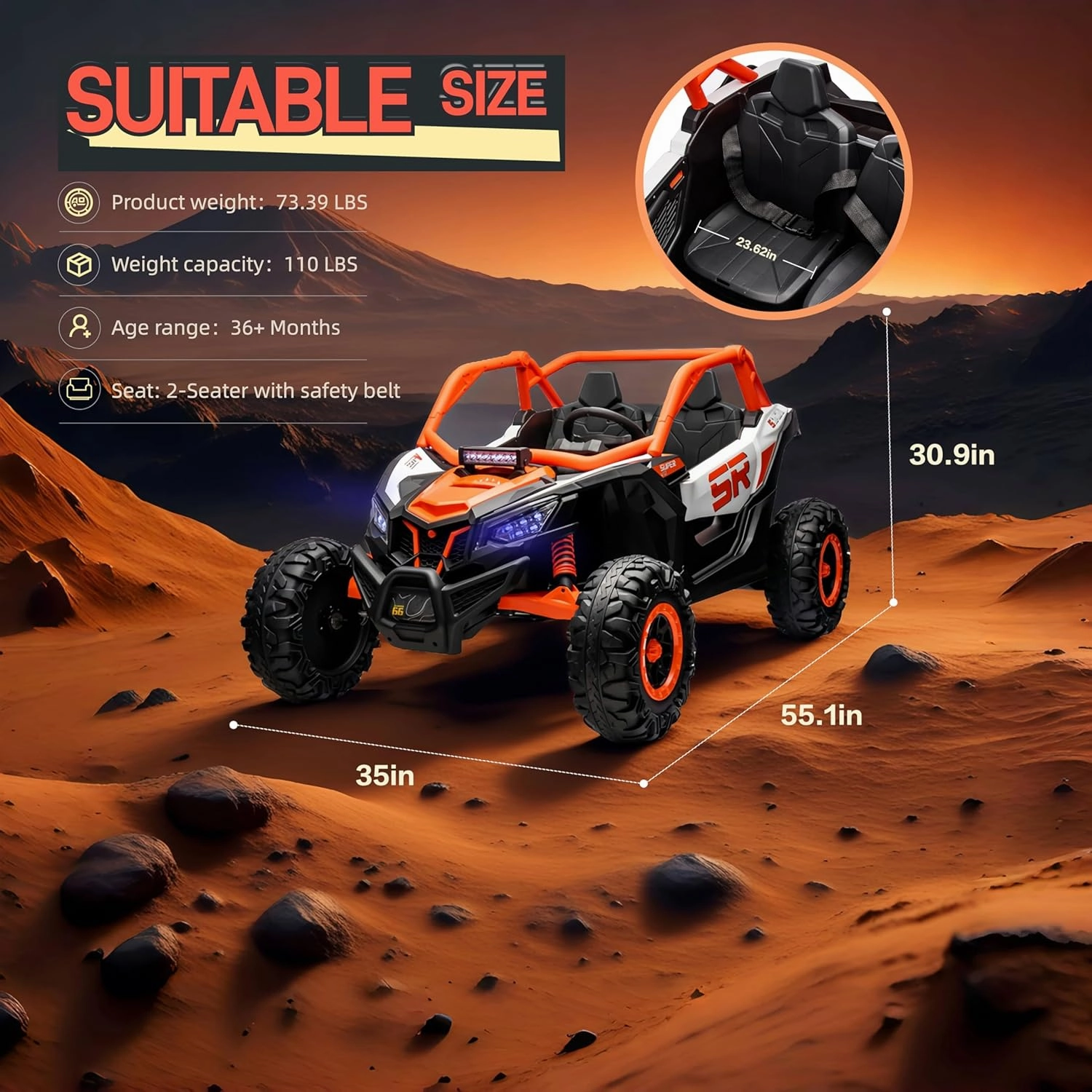 24V 7.5 MPH EVA Soft Wheel Electric Ride On Car with Remote Control, 400W Powerful Motor, 2 Seater Kids UTV Side by Side Truck, Speed Adjustment Off-Road Power Wheels Toy with Music, LED,Orange