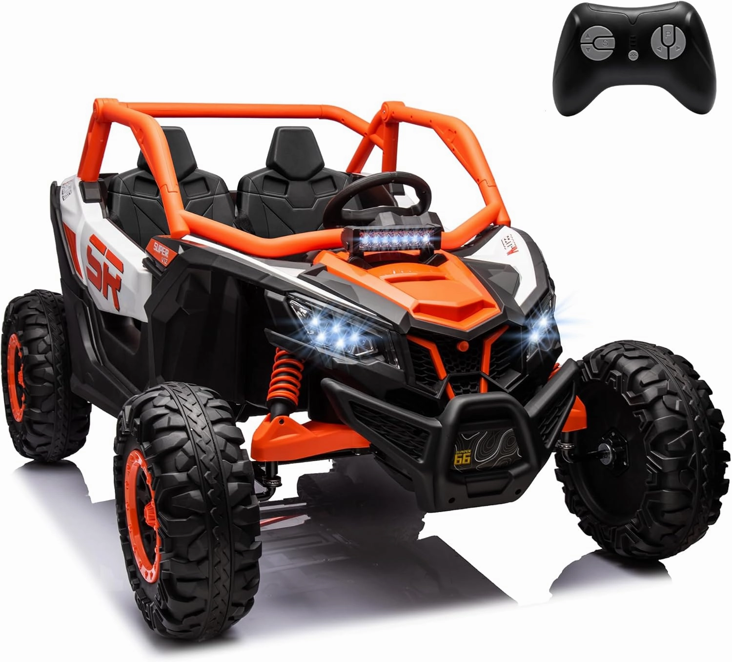 24V 7.5 MPH EVA Soft Wheel Electric Ride On Car with Remote Control, 400W Powerful Motor, 2 Seater Kids UTV Side by Side Truck, Speed Adjustment Off-Road Power Wheels Toy with Music, LED,Orange