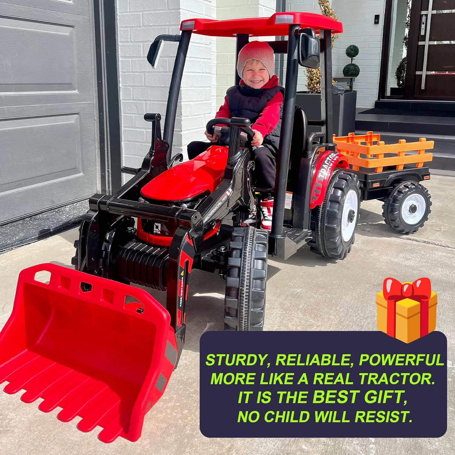 24V Kids Ride on Tractor with Trailer & Front Loader, 3 In1 Tractor 4-Gearbox 24volt Dual Motors Metal Frame, 24V Ride on Toys for Big Kids, Power Wheels Kids Electric Vehicles (Red)