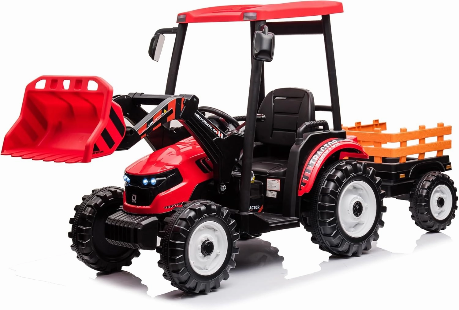 24V Kids Ride on Tractor with Trailer & Front Loader, 3 In1 Tractor 4-Gearbox 24volt Dual Motors Metal Frame, 24V Ride on Toys for Big Kids, Power Wheels Kids Electric Vehicles (Red)