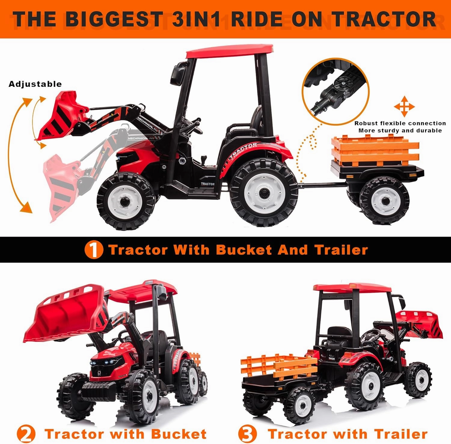24V Kids Ride on Tractor with Trailer & Front Loader, 3 In1 Tractor 4-Gearbox 24volt Dual Motors Metal Frame, 24V Ride on Toys for Big Kids, Power Wheels Kids Electric Vehicles (Red)
