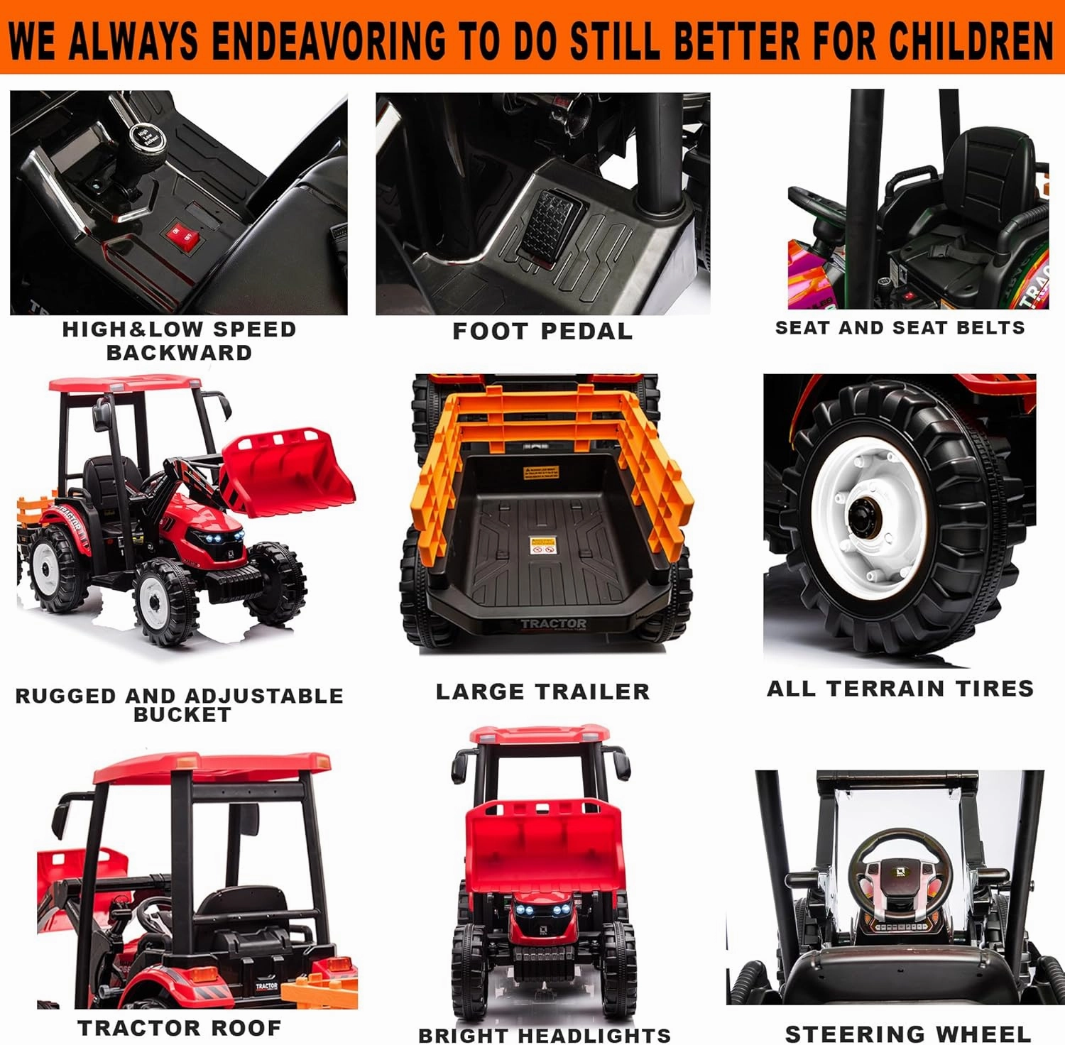 24V Kids Ride on Tractor with Trailer & Front Loader, 3 In1 Tractor 4-Gearbox 24volt Dual Motors Metal Frame, 24V Ride on Toys for Big Kids, Power Wheels Kids Electric Vehicles (Red)