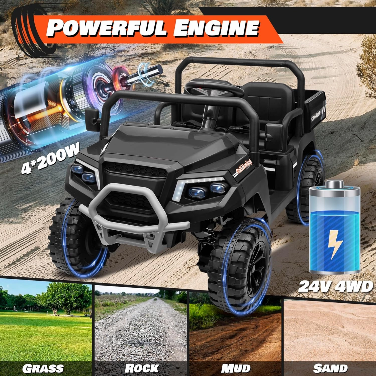 24V Ride on Car 4WD Golf Cart w/800W Motors, 20''2 Seater, Gift Flower, 2.4G Remote Control, 4 Wheeler, Music, LED Light, 24 Volt Ride on Toy for Big Kids, Black
