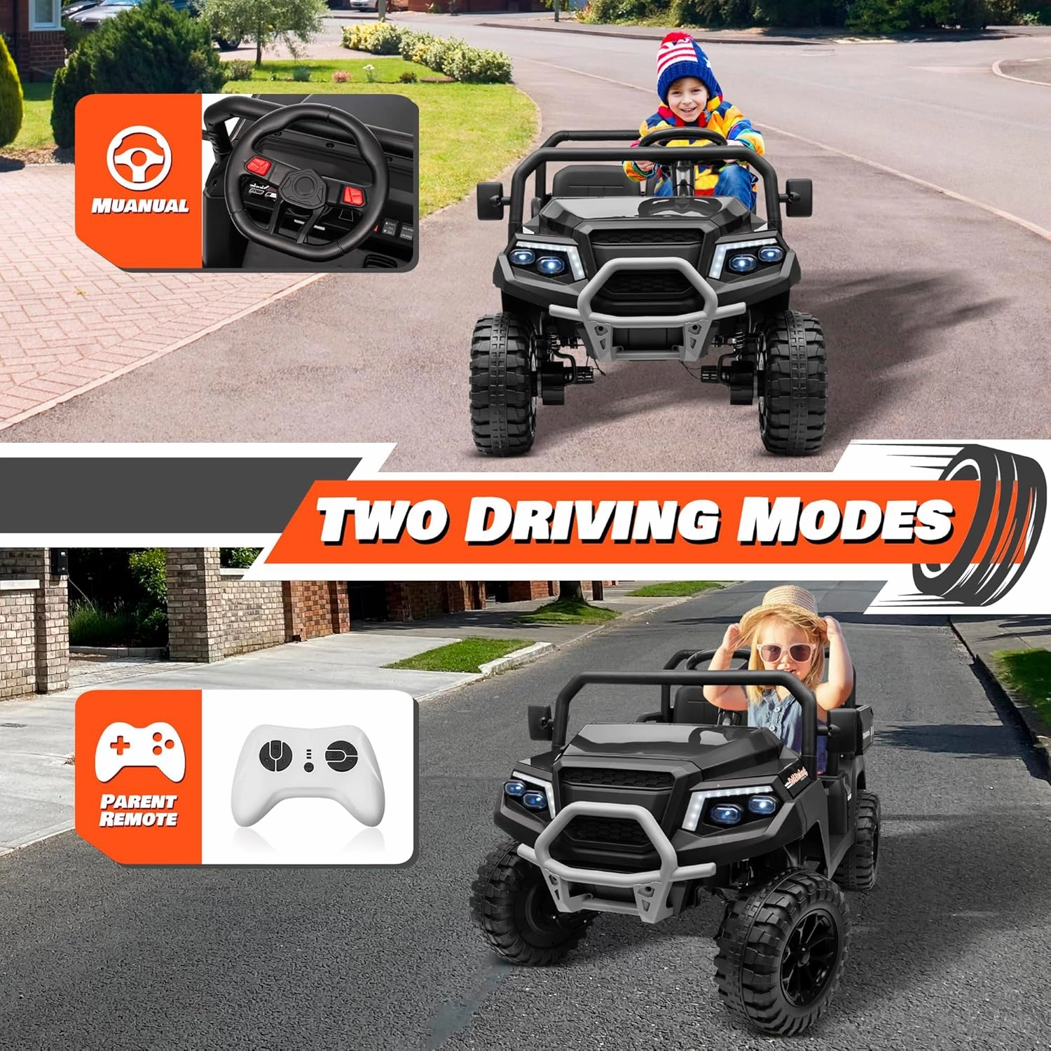24V Ride on Car 4WD Golf Cart w/800W Motors, 20''2 Seater, Gift Flower, 2.4G Remote Control, 4 Wheeler, Music, LED Light, 24 Volt Ride on Toy for Big Kids, Black