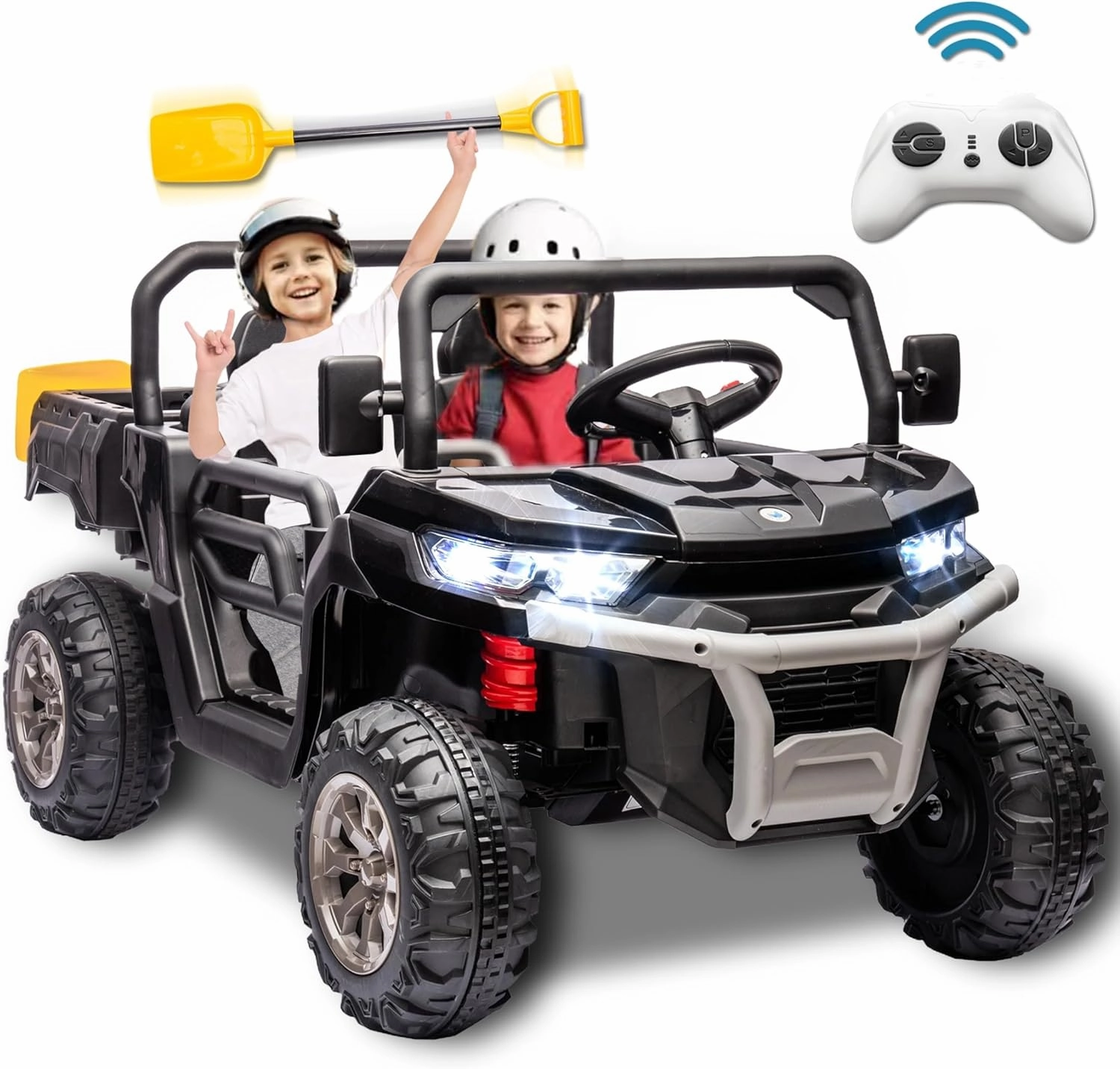 24V Ride on Toys for Big Kids w/Remote Control, 2 Seater Kids UTV w/20 Seat, 2X200W Powerful Motors, 24V Ride on Dump Truck w/Dump Bed, Bluetooth, LED Lights, Power Car Wheels for Boys Girls, Black