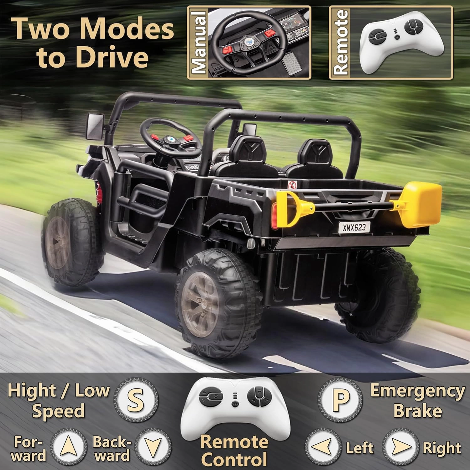 24V Ride on Toys for Big Kids w/Remote Control, 2 Seater Kids UTV w/20 Seat, 2X200W Powerful Motors, 24V Ride on Dump Truck w/Dump Bed, Bluetooth, LED Lights, Power Car Wheels for Boys Girls, Black