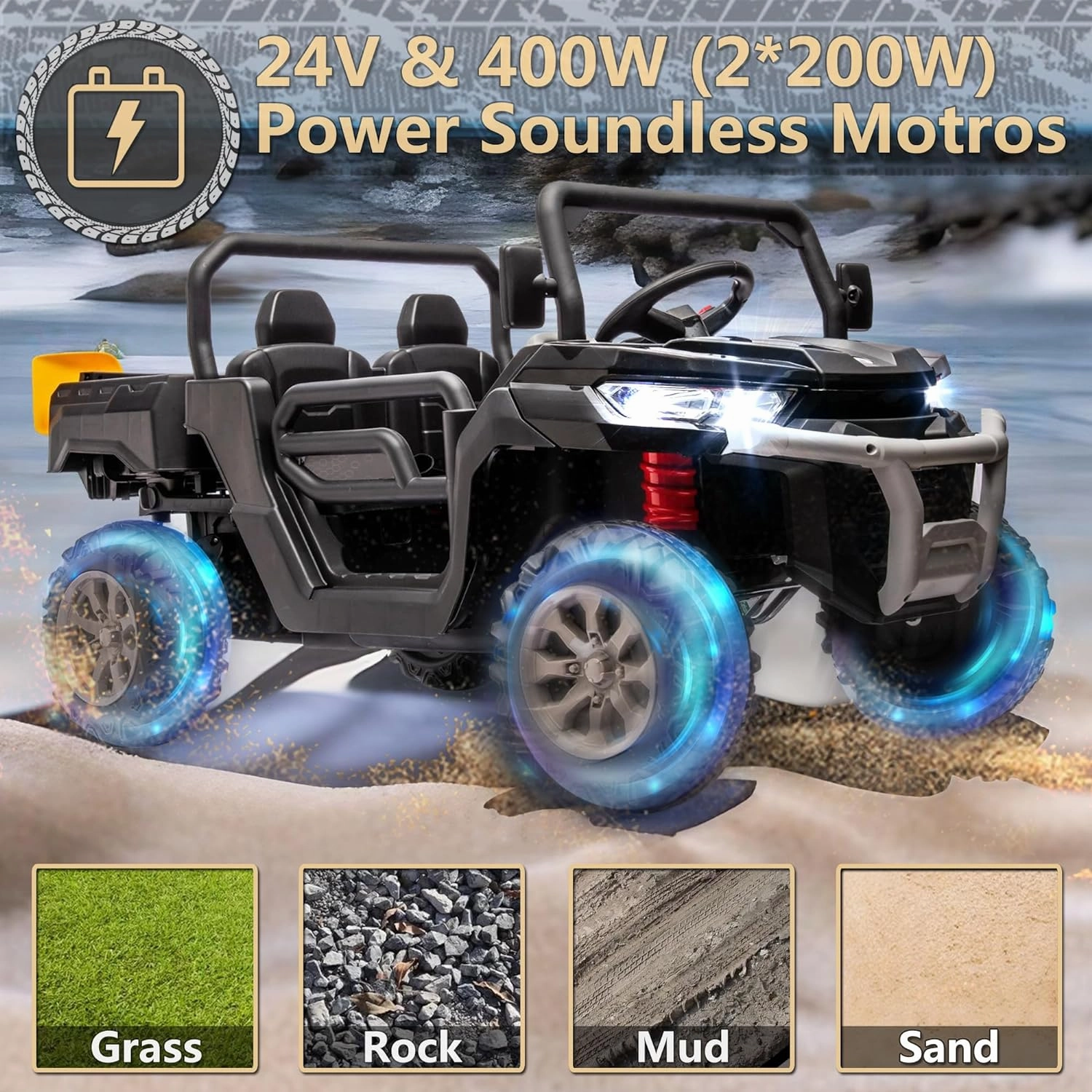 24V Ride on Toys for Big Kids w/Remote Control, 2 Seater Kids UTV w/20 Seat, 2X200W Powerful Motors, 24V Ride on Dump Truck w/Dump Bed, Bluetooth, LED Lights, Power Car Wheels for Boys Girls, Black