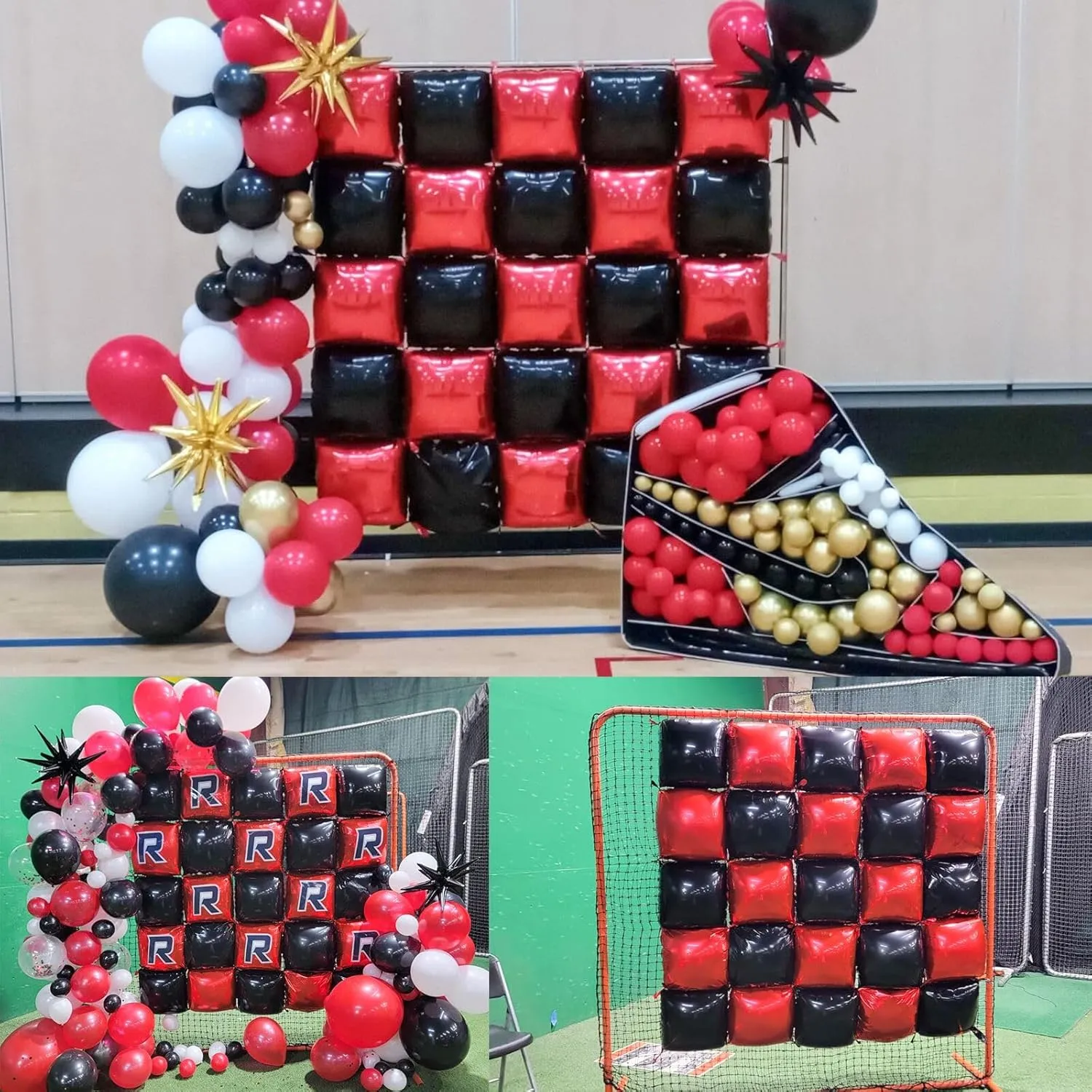 25pcs Black and Red Foil Square Balloon Backdrop Wall with 146pcs Black Red White Balloons Arch, Double Sided Balloon Tunnel with 3 Star Balloons for Racing Car Birthday New Year Party Decor
