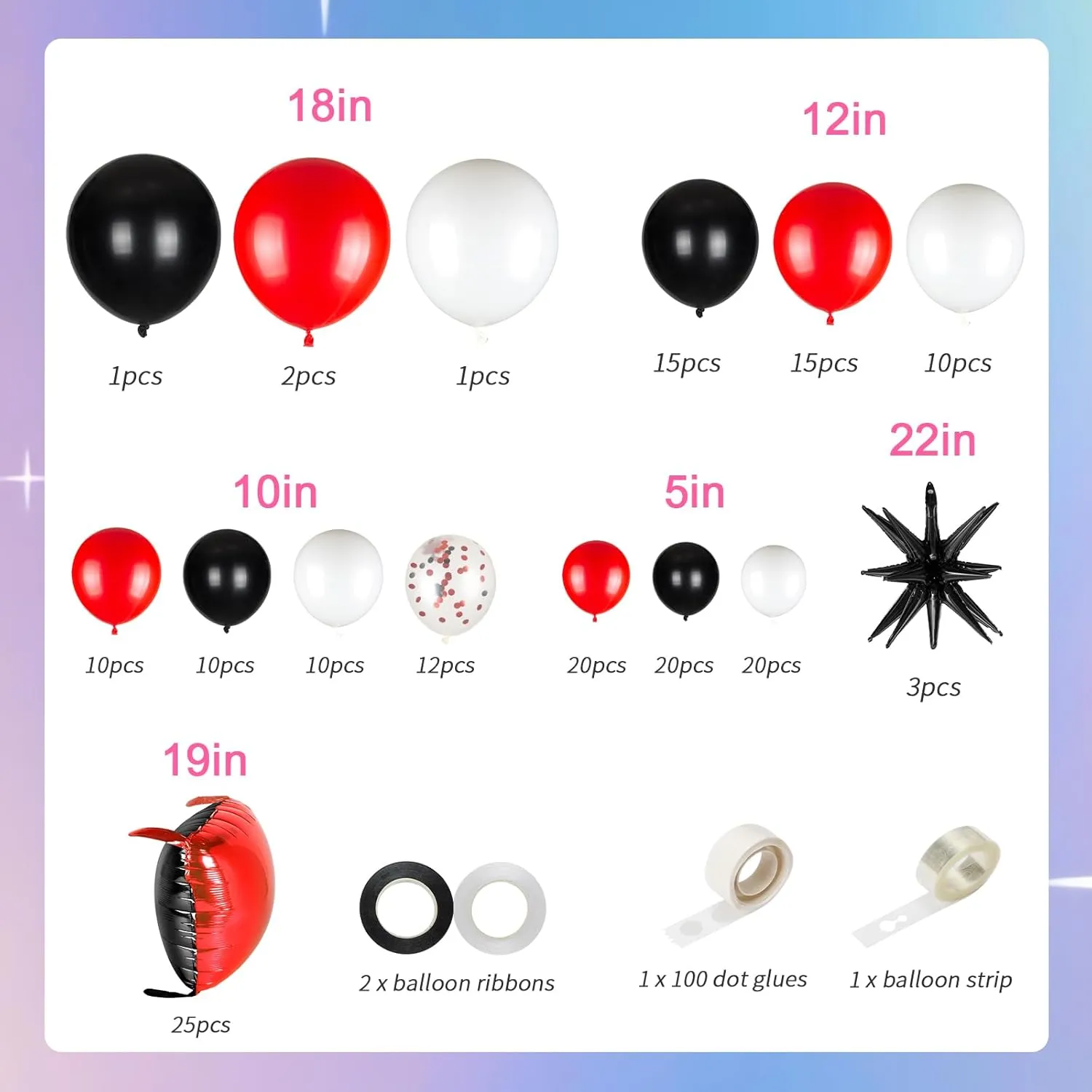 25pcs Black and Red Foil Square Balloon Backdrop Wall with 146pcs Black Red White Balloons Arch, Double Sided Balloon Tunnel with 3 Star Balloons for Racing Car Birthday New Year Party Decor