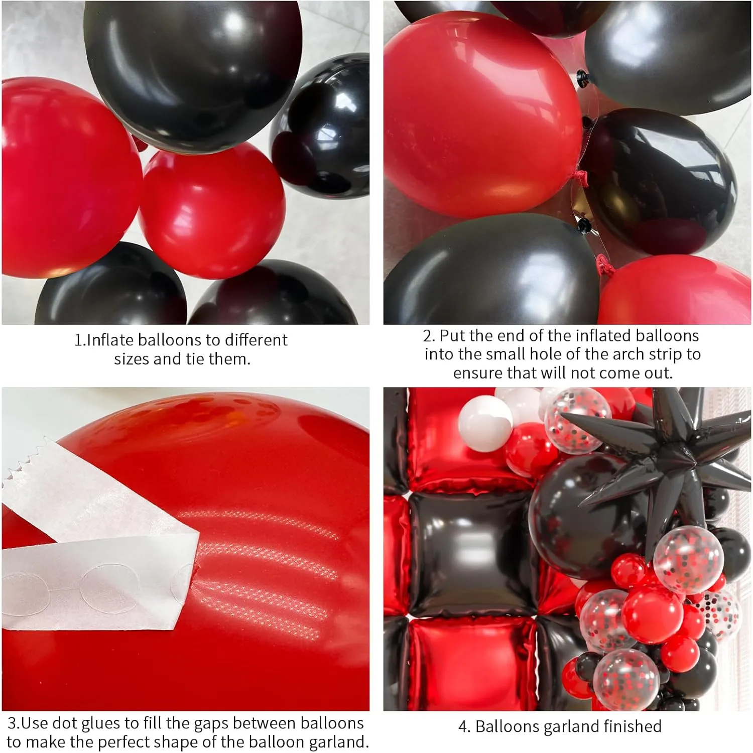 25pcs Black and Red Foil Square Balloon Backdrop Wall with 146pcs Black Red White Balloons Arch, Double Sided Balloon Tunnel with 3 Star Balloons for Racing Car Birthday New Year Party Decor
