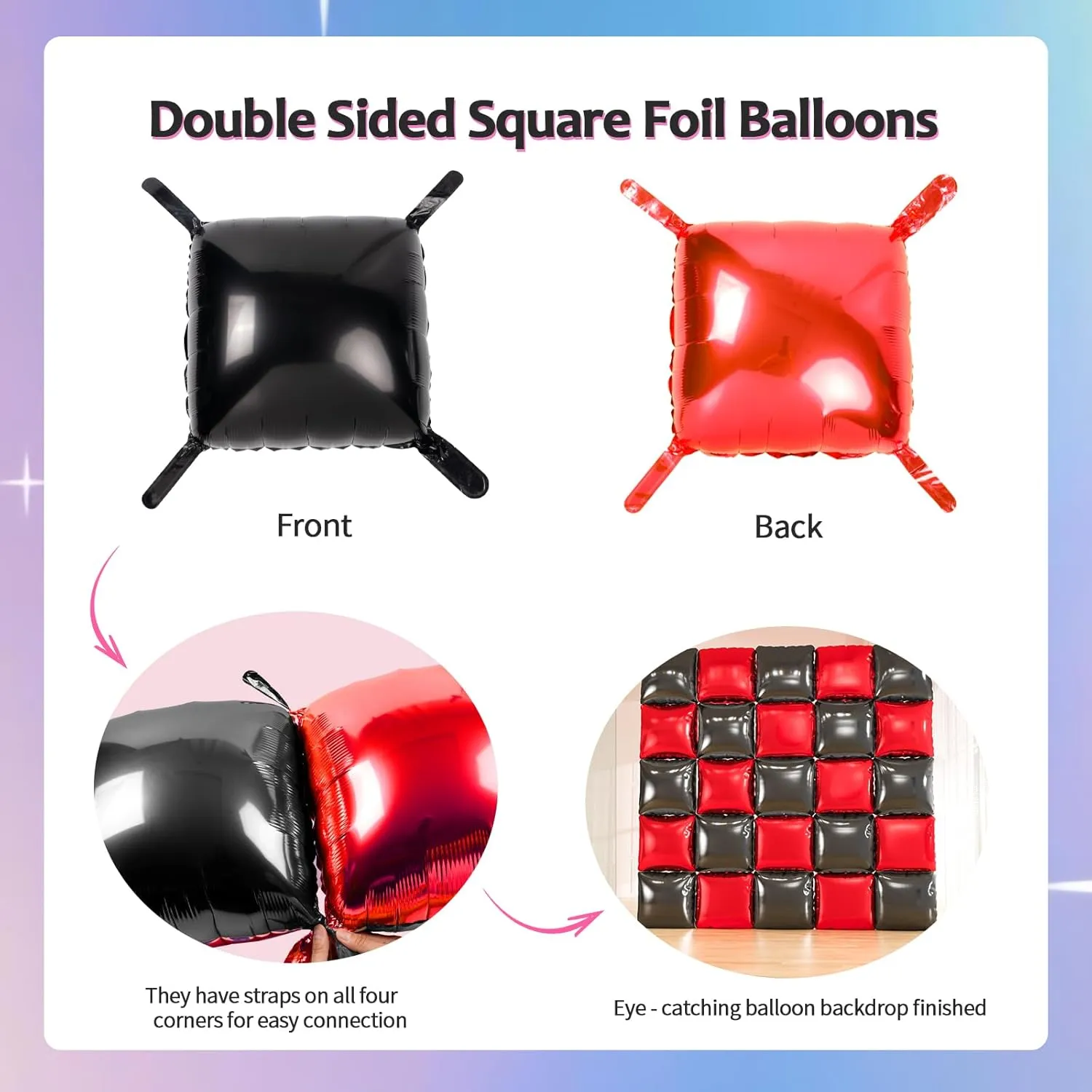 25pcs Black and Red Foil Square Balloon Backdrop Wall with 146pcs Black Red White Balloons Arch, Double Sided Balloon Tunnel with 3 Star Balloons for Racing Car Birthday New Year Party Decor
