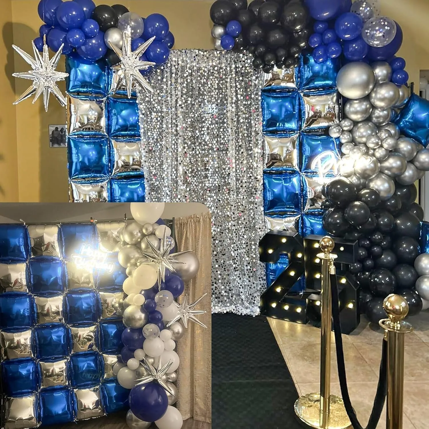 25pcs Blue and Silver Foil Square Balloon Backdrop Wall with 149pcs Royal Blue White Silver Balloons Arch, Double Sided Balloon Tunnel with Star Balloons for Graduation,New Year Party Decor