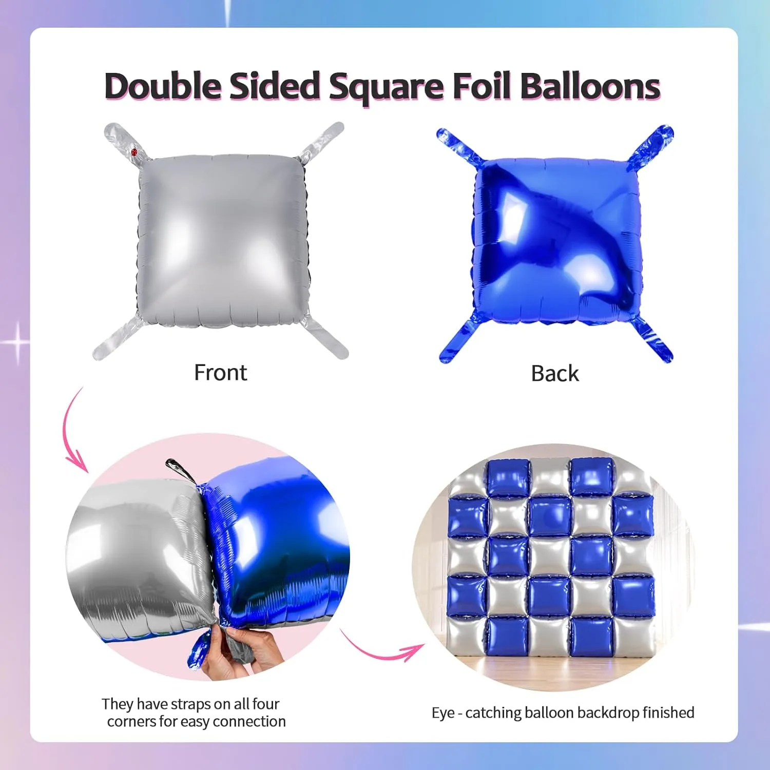 25pcs Blue and Silver Foil Square Balloon Backdrop Wall with 149pcs Royal Blue White Silver Balloons Arch, Double Sided Balloon Tunnel with Star Balloons for Graduation,New Year Party Decor