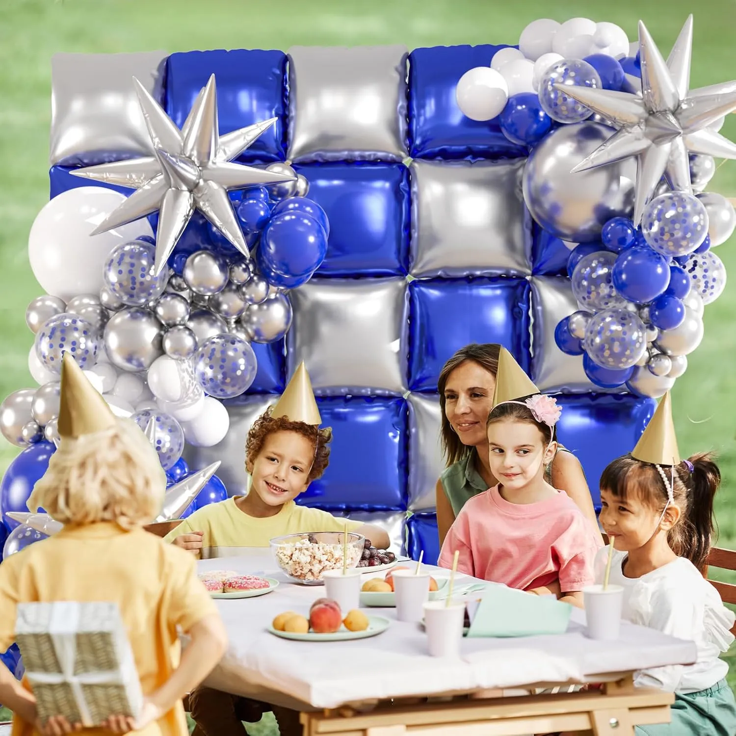 25pcs Blue and Silver Foil Square Balloon Backdrop Wall with 149pcs Royal Blue White Silver Balloons Arch, Double Sided Balloon Tunnel with Star Balloons for Graduation,New Year Party Decor