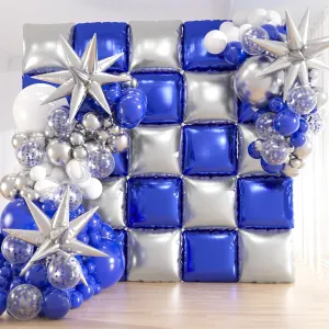 25pcs Blue and Silver Foil Square Balloon Backdrop Wall with 149pcs Royal Blue White Silver Balloons Arch, Double Sided Balloon Tunnel with Star Balloons for Graduation,New Year Party Decor
