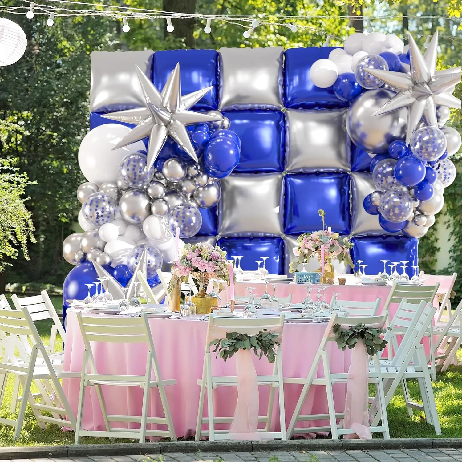 25pcs Blue and Silver Foil Square Balloon Backdrop Wall with 149pcs Royal Blue White Silver Balloons Arch, Double Sided Balloon Tunnel with Star Balloons for Graduation,New Year Party Decor