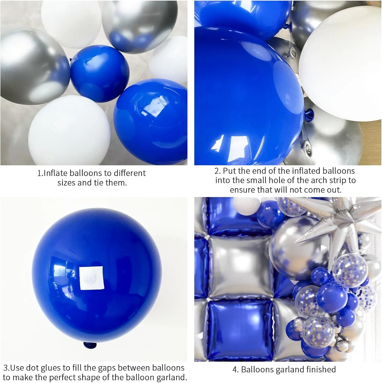 25pcs Blue and Silver Foil Square Balloon Backdrop Wall with 149pcs Royal Blue White Silver Balloons Arch, Double Sided Balloon Tunnel with Star Balloons for Graduation,New Year Party Decor