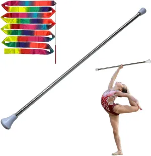 26-inch Twirling Baton Spinning Dance Baton Metal Rhythmic Gymnastics Conducting Batons for Child in Majorette-Complete with 1 Dance Ribbon Rainbow Streamer (White,1 Pack)