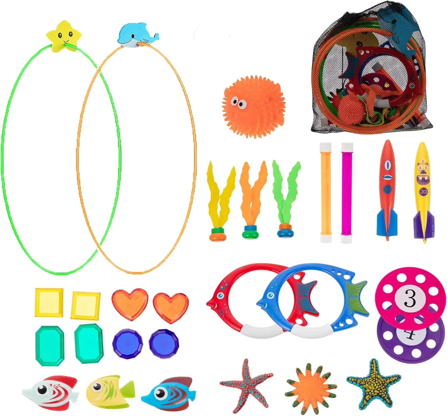29pcs Pool Toys for Kids Ages 4-8 8-12,Diving Toys with Swim Thru Rings Including Dive Gems Diving Sticks Water Pool Party Games Swimming Toys for Boys Girls Kids Teens Adults