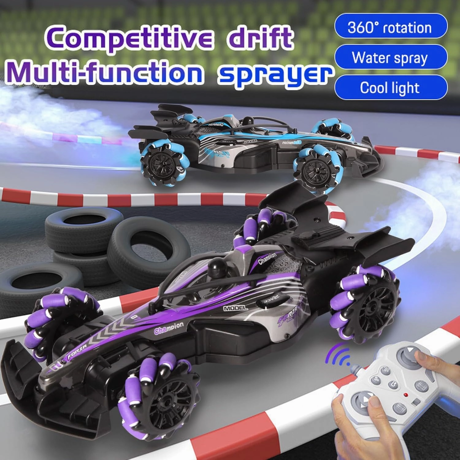 2.4GHz Remote Control Car - 360° Spin High-Speed Drift F1 Formula Racing, with Spray, Music & Light, Toy for Kids 8-12 Year Birthday Coolest Best Toy(Purple)