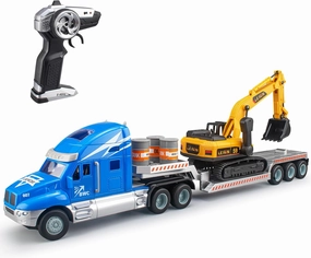 2.4Ghz Remote Control Semi Truck with Excavator - 21.7 Inch RC Flatbed Truck Toy for Kids, 1:16 Scale Rechargeable Battery Fast Speed Toy