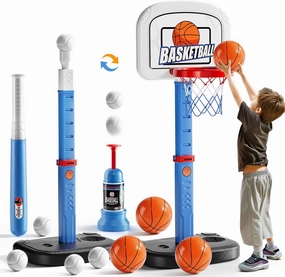 2 in 1 Basketball Hoop and T Ball Set for Kids, Adjustable Toddlers Basketball Hoop, Baseball Tee with Pitching Machine, Outdoor Indoor Sport Toy Gifts for Toddler Boys Girls Ages 3-5, 5-8