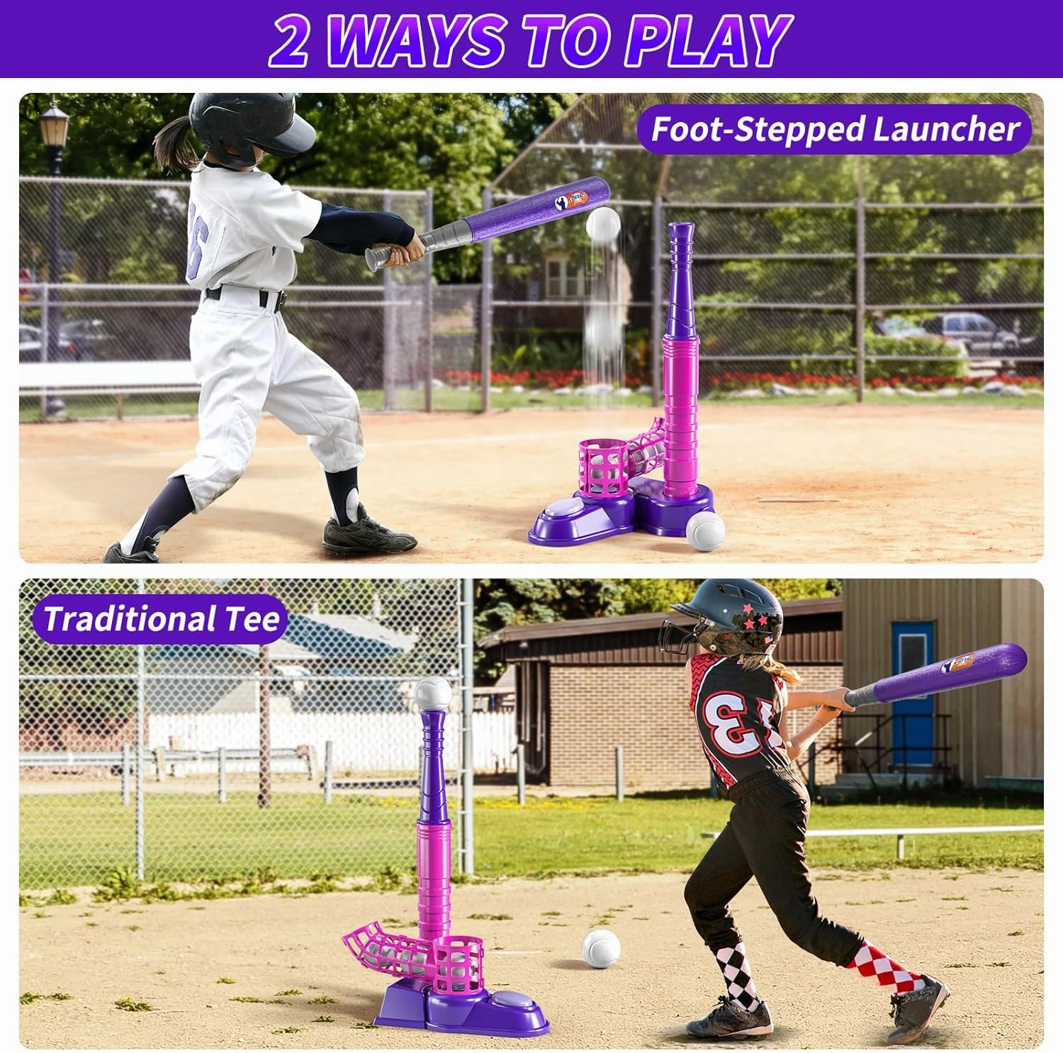 2 in 1 T Ball Sets for Kids 3-5,Tee Ball Set with 10 Balls,Step on Pitching Machine,Teeball Batting Tee,Baseball Toys Outdoor/Indoor Sport Toys Gift for 3 4 5 6 7 8 Year Old Kids Girls