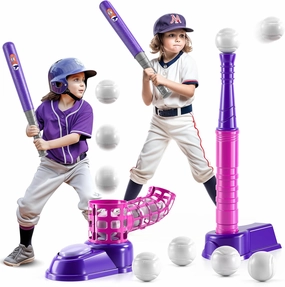 2 in 1 T Ball Sets for Kids 3-5,Tee Ball Set with 10 Balls,Step on Pitching Machine,Teeball Batting Tee,Baseball Toys Outdoor/Indoor Sport Toys Gift for 3 4 5 6 7 8 Year Old Kids Girls