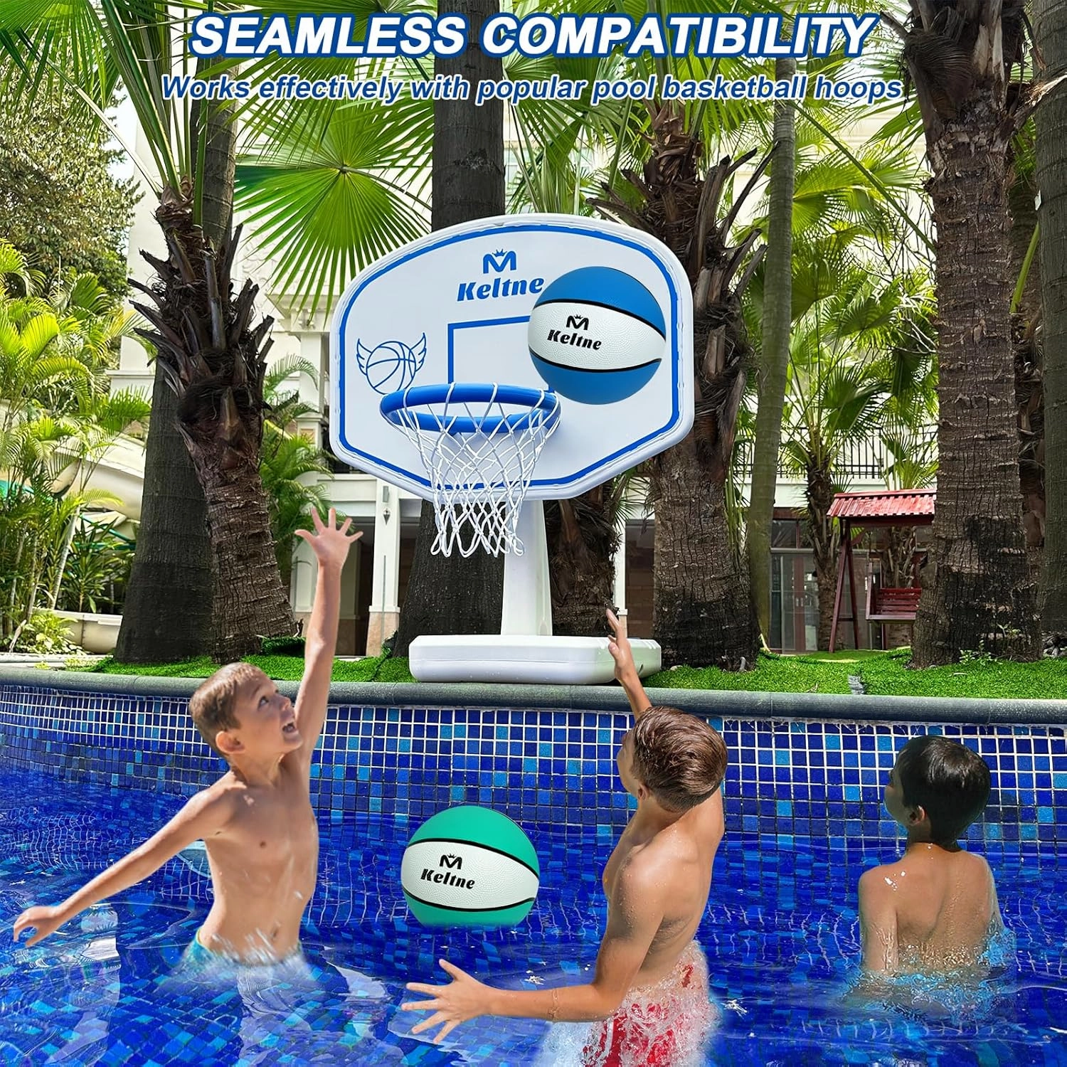 2 Pack Pool Basketballs, 9" Size 6 Rubber Waterproof Basketball for Swimming Pool, Anti-Slip Textured Grip, Water Basketballs with Pump and Net for Kids Adults, Great for Pool Basketball Hoops.
