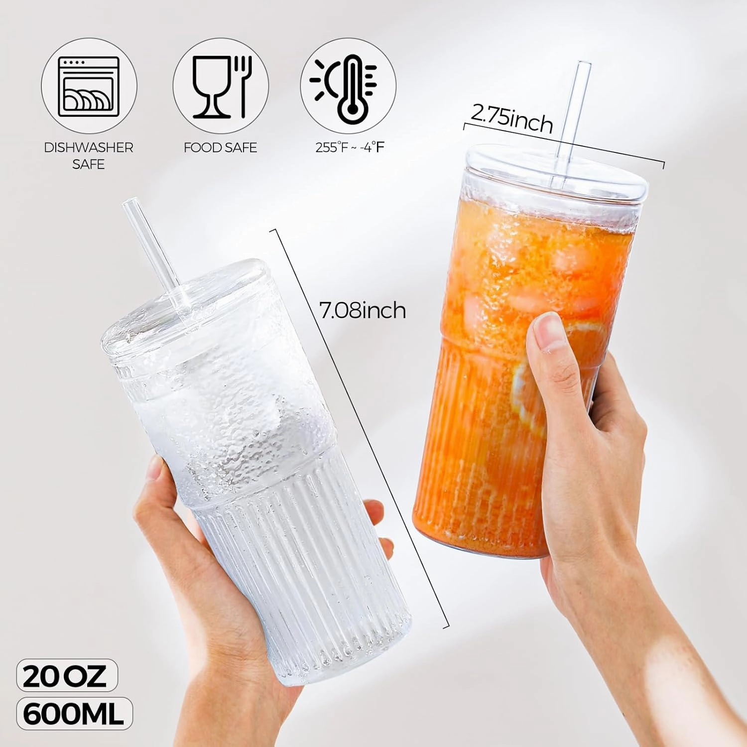 2PCS Glass Cups with Lids and Glass Straws, 20OZ Iced Coffee Cups, Home Essential and Coffee Bar Accessories Borosilicate Glass Tumblers with Lid and Straw for Beer, Cocktail, Tea and Latte, Clear
