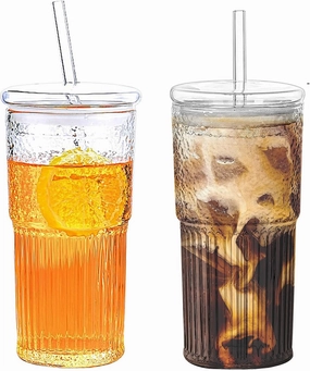 2PCS Glass Cups with Lids and Glass Straws, 20OZ Iced Coffee Cups, Home Essential and Coffee Bar Accessories Borosilicate Glass Tumblers with Lid and Straw for Beer, Cocktail, Tea and Latte, Clear