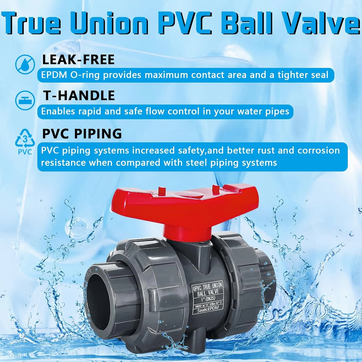2PCS PVC Union Ball Valve, 1" Inch (DN25) True Union Full Flow Ball Valve, ASTM EPDM O-ring, Slip Socket Ball Valve with Full Port for Water System
