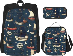 3-In-1 Backpack Bookbag Set,Nautical Sailing Pirate Theme Print Casual Travel Backpacks,With Pencil Case Pouch, Lunch Bag