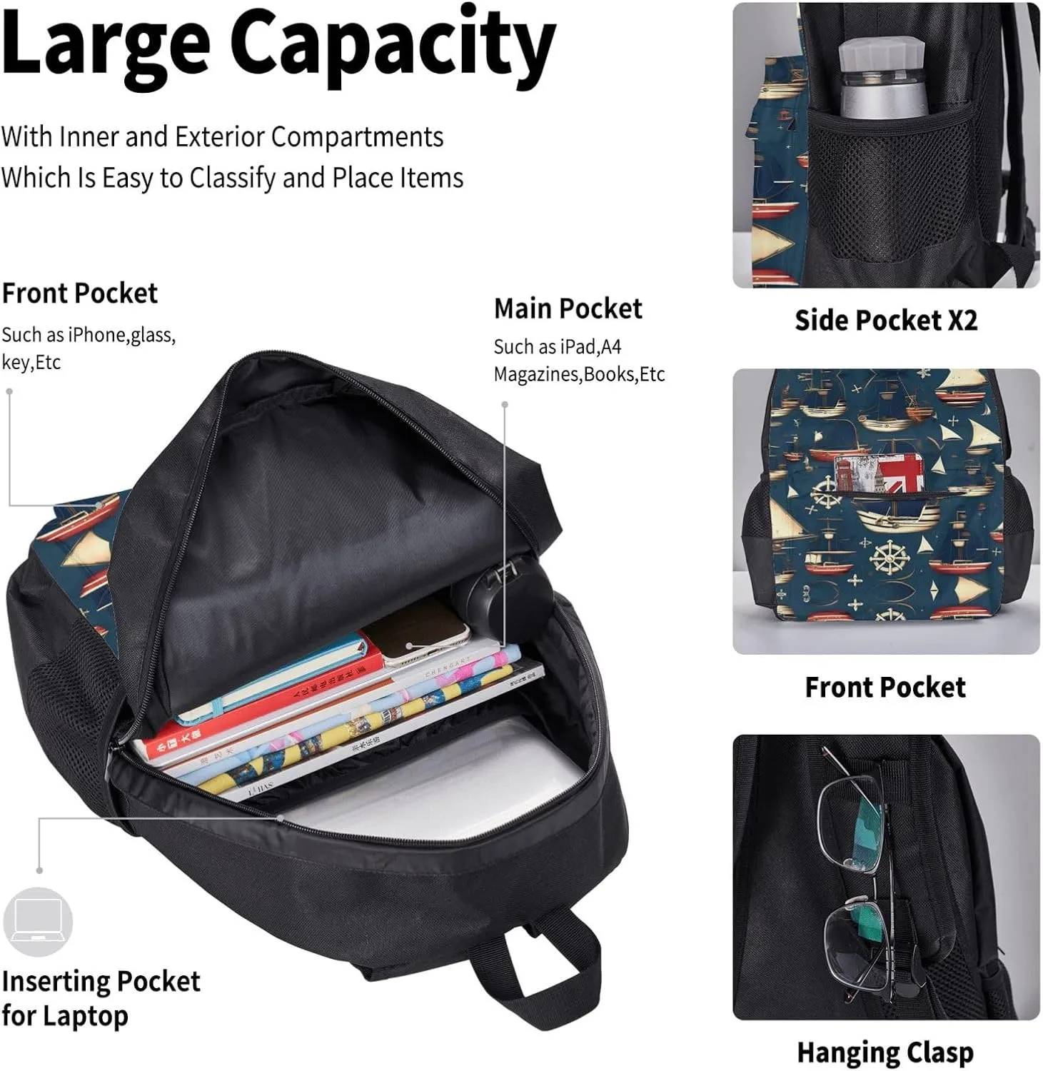 3-In-1 Backpack Bookbag Set,Nautical Sailing Pirate Theme Print Casual Travel Backpacks,With Pencil Case Pouch, Lunch Bag