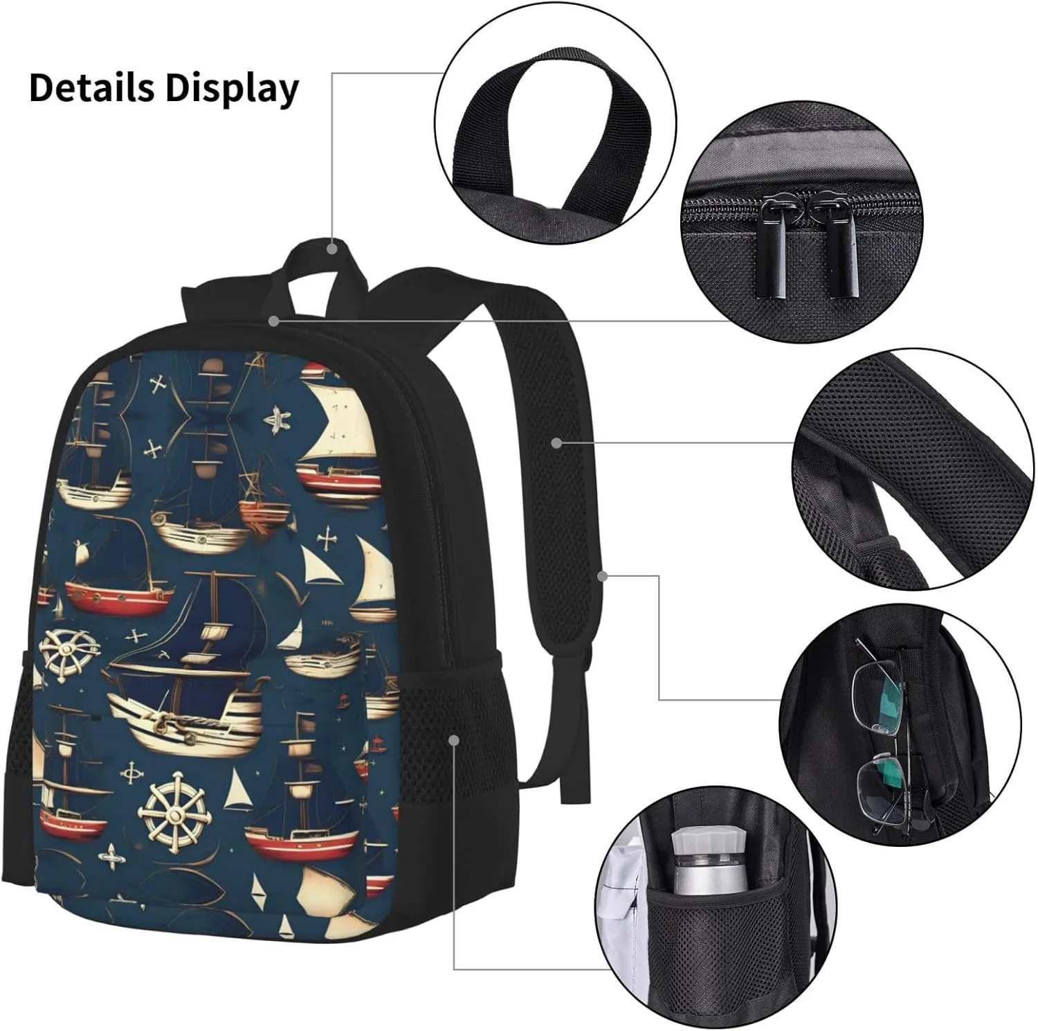 3-In-1 Backpack Bookbag Set,Nautical Sailing Pirate Theme Print Casual Travel Backpacks,With Pencil Case Pouch, Lunch Bag