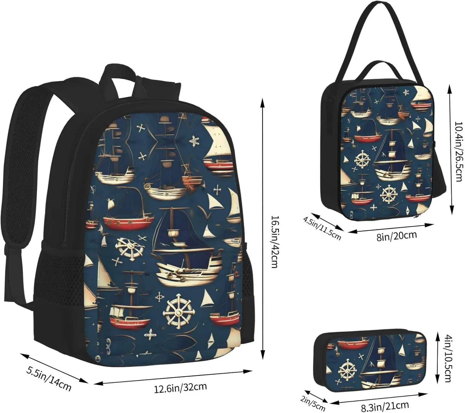 3-In-1 Backpack Bookbag Set,Nautical Sailing Pirate Theme Print Casual Travel Backpacks,With Pencil Case Pouch, Lunch Bag