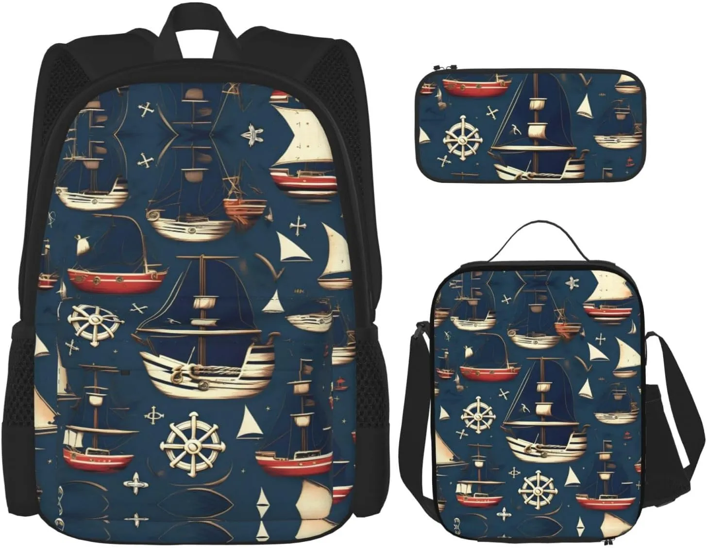 3-In-1 Backpack Bookbag Set,Nautical Sailing Pirate Theme Print Casual Travel Backpacks,With Pencil Case Pouch, Lunch Bag