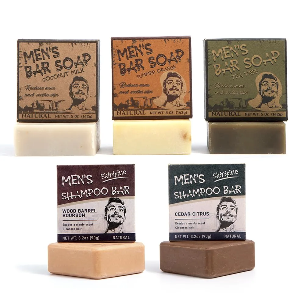 3-in-1 Natural Body Soap & 2 Scent Shampoo Bar Set - Australian Tea Tree, Summer Orange, Coconut Milk, Wood Barrel Bourbon, Cedar Citrus - Eco-Friendly, Vegan, All-Natural Skincare & Haircare Bundle