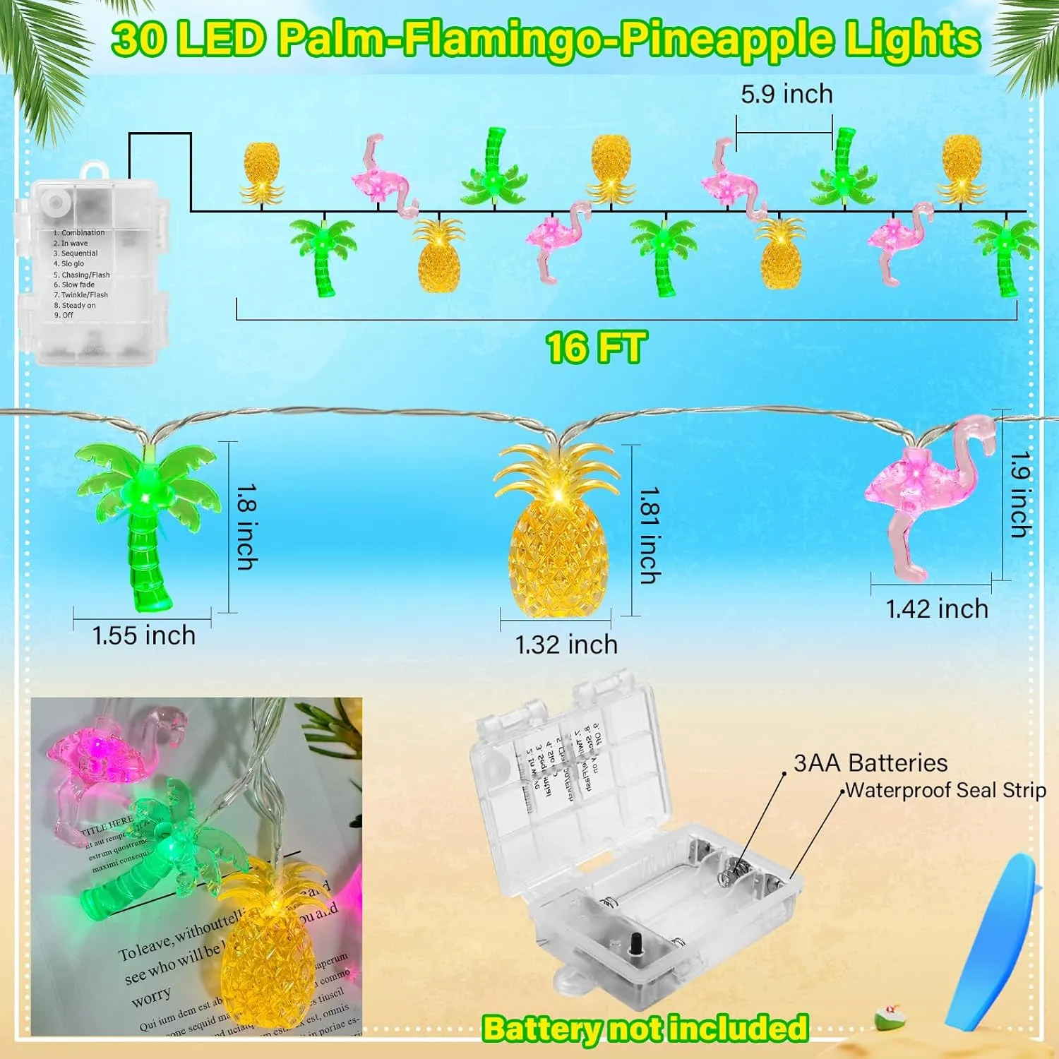 30 LED [ 8 Modes & Timer ] 16Ft Summer Tropical Beach Hawaiian String Lights Tropical Flamingo Pineapple Palm Tree Fairy Lights Battery Operated for Party Beach Pool Summer Decor