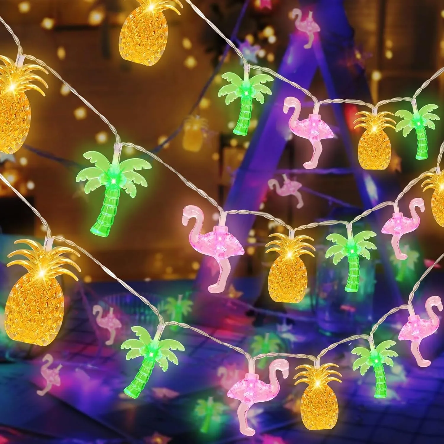 30 LED [ 8 Modes & Timer ] 16Ft Summer Tropical Beach Hawaiian String Lights Tropical Flamingo Pineapple Palm Tree Fairy Lights Battery Operated for Party Beach Pool Summer Decor