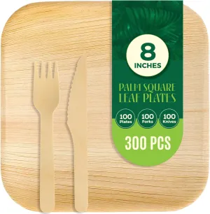 300 Pack Compostable Square Palm Leaf Dinnerware I 100 of 8'' Plates, 100 Knives and 100 Forks| Premium Disposable Plates Set I Heavy Duty Eco-Friendly Like Bamboo Disposable Plates