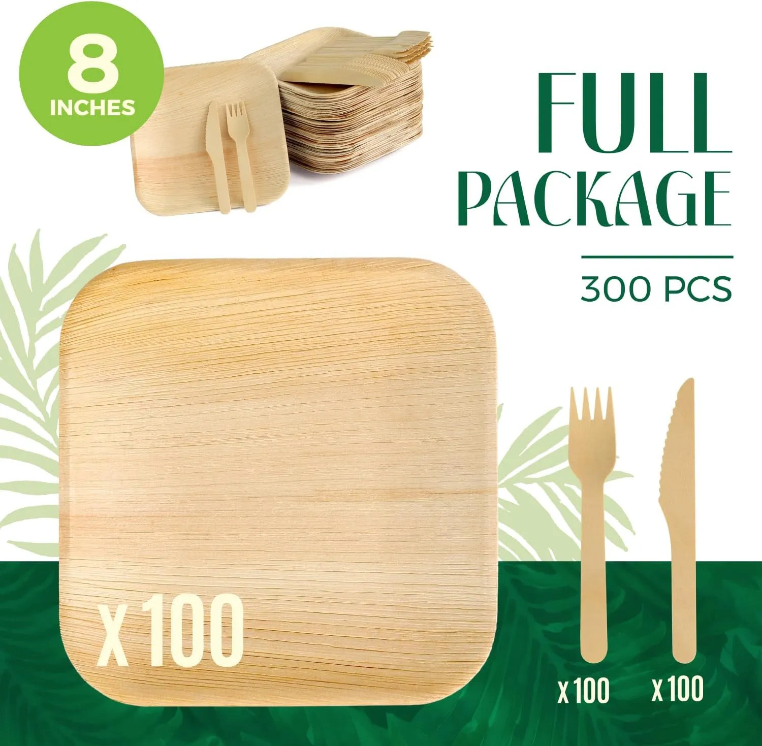 300 Pack Compostable Square Palm Leaf Dinnerware I 100 of 8'' Plates, 100 Knives and 100 Forks| Premium Disposable Plates Set I Heavy Duty Eco-Friendly Like Bamboo Disposable Plates