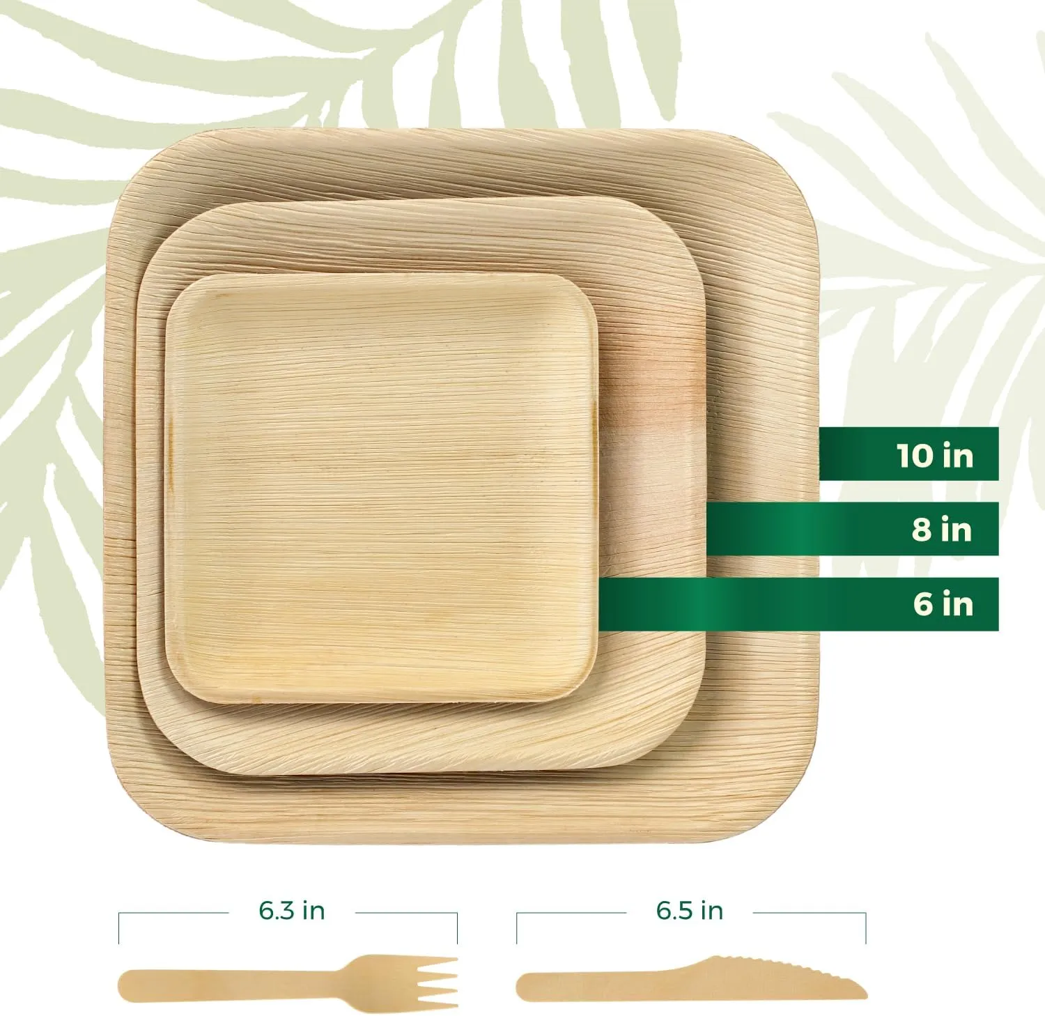 300 Pack Compostable Square Palm Leaf Dinnerware I 100 of 8'' Plates, 100 Knives and 100 Forks| Premium Disposable Plates Set I Heavy Duty Eco-Friendly Like Bamboo Disposable Plates