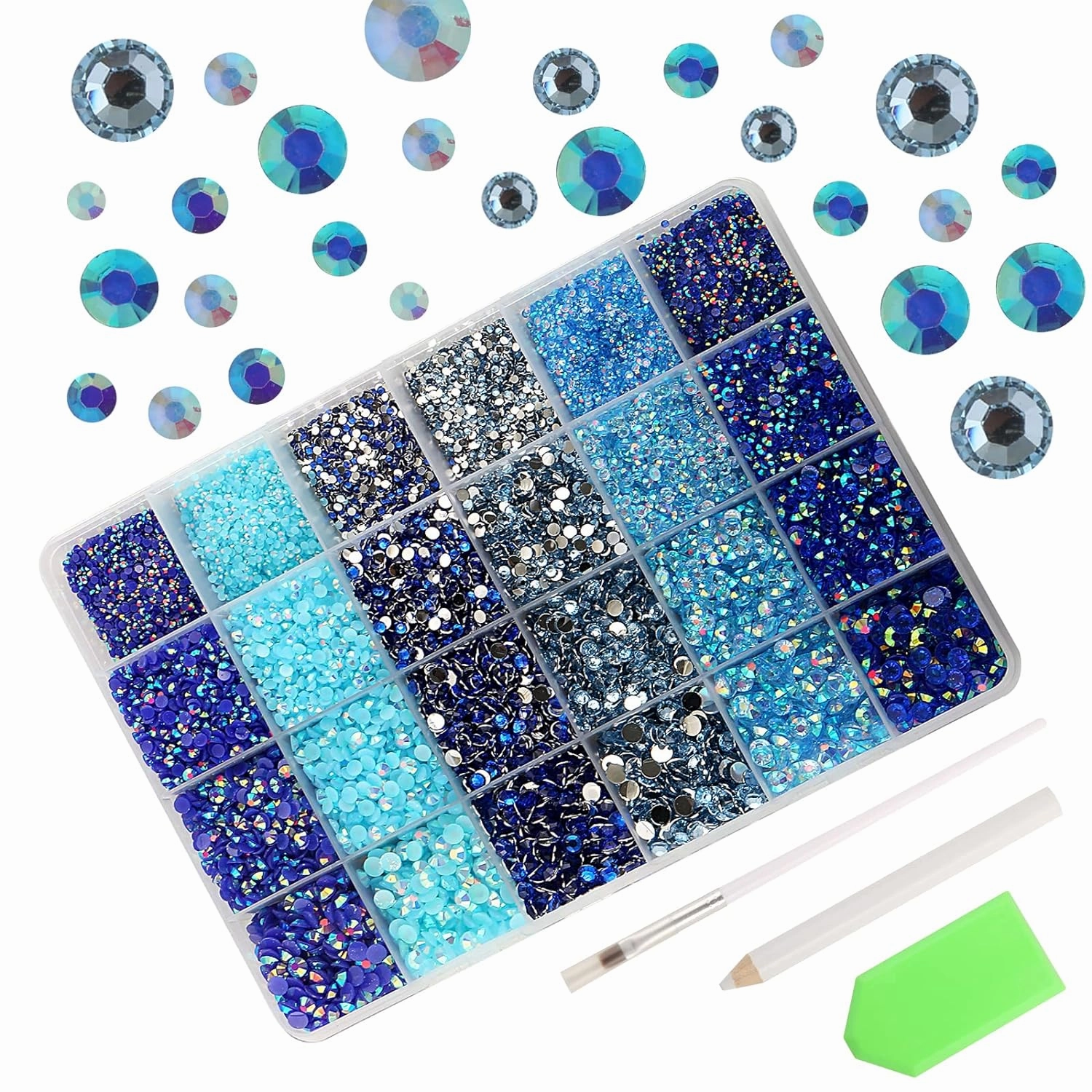 30000PCS Blue AB Resin Flatback Rhinestones Kit, Jelly Resin Non-Hotfix Rhinestones for Crafts DIY Design, Tumblers, Clothes, Makeup, Nail Art 2mm, 3mm, 4mm, 5mm