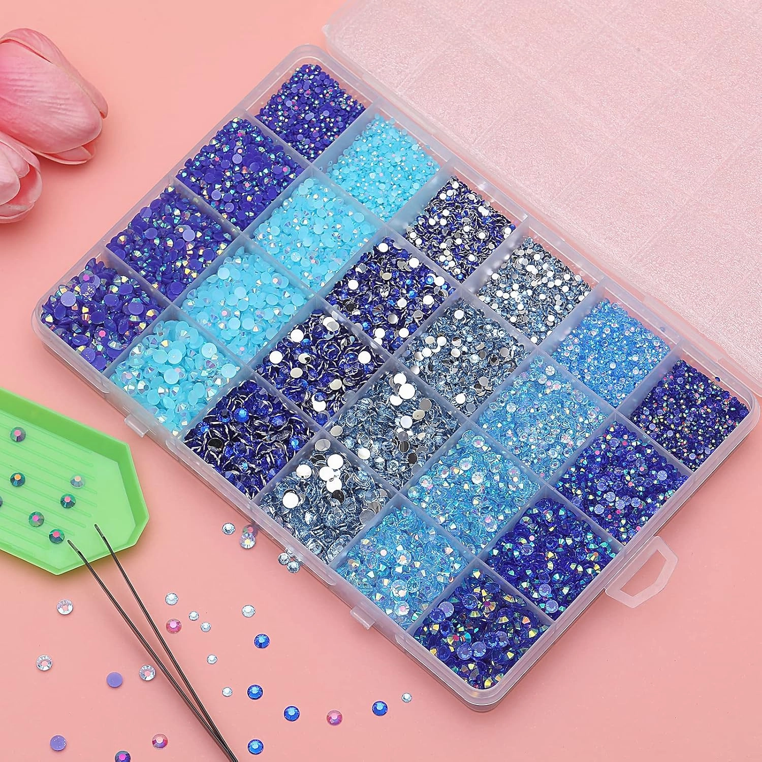 30000PCS Blue AB Resin Flatback Rhinestones Kit, Jelly Resin Non-Hotfix Rhinestones for Crafts DIY Design, Tumblers, Clothes, Makeup, Nail Art 2mm, 3mm, 4mm, 5mm