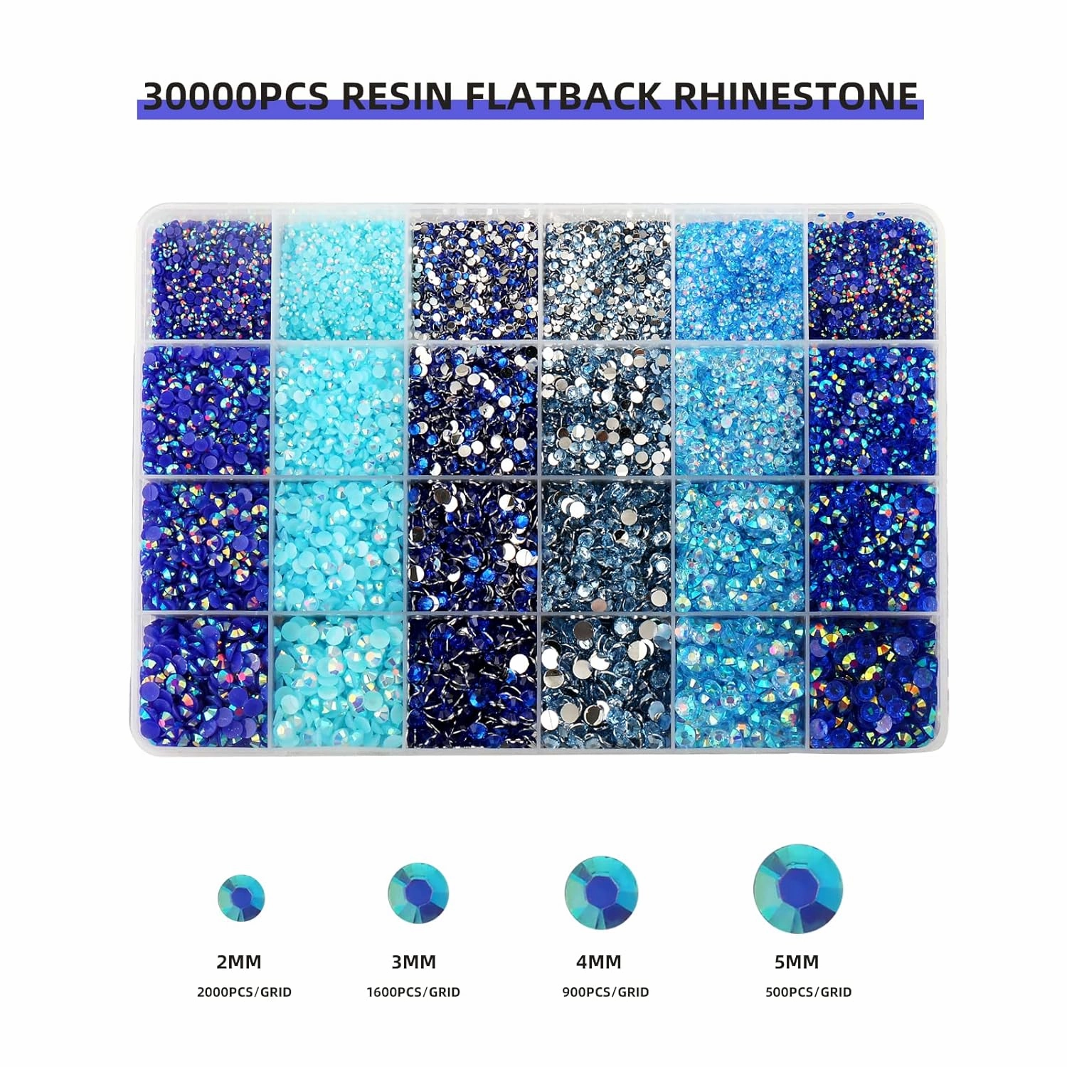 30000PCS Blue AB Resin Flatback Rhinestones Kit, Jelly Resin Non-Hotfix Rhinestones for Crafts DIY Design, Tumblers, Clothes, Makeup, Nail Art 2mm, 3mm, 4mm, 5mm