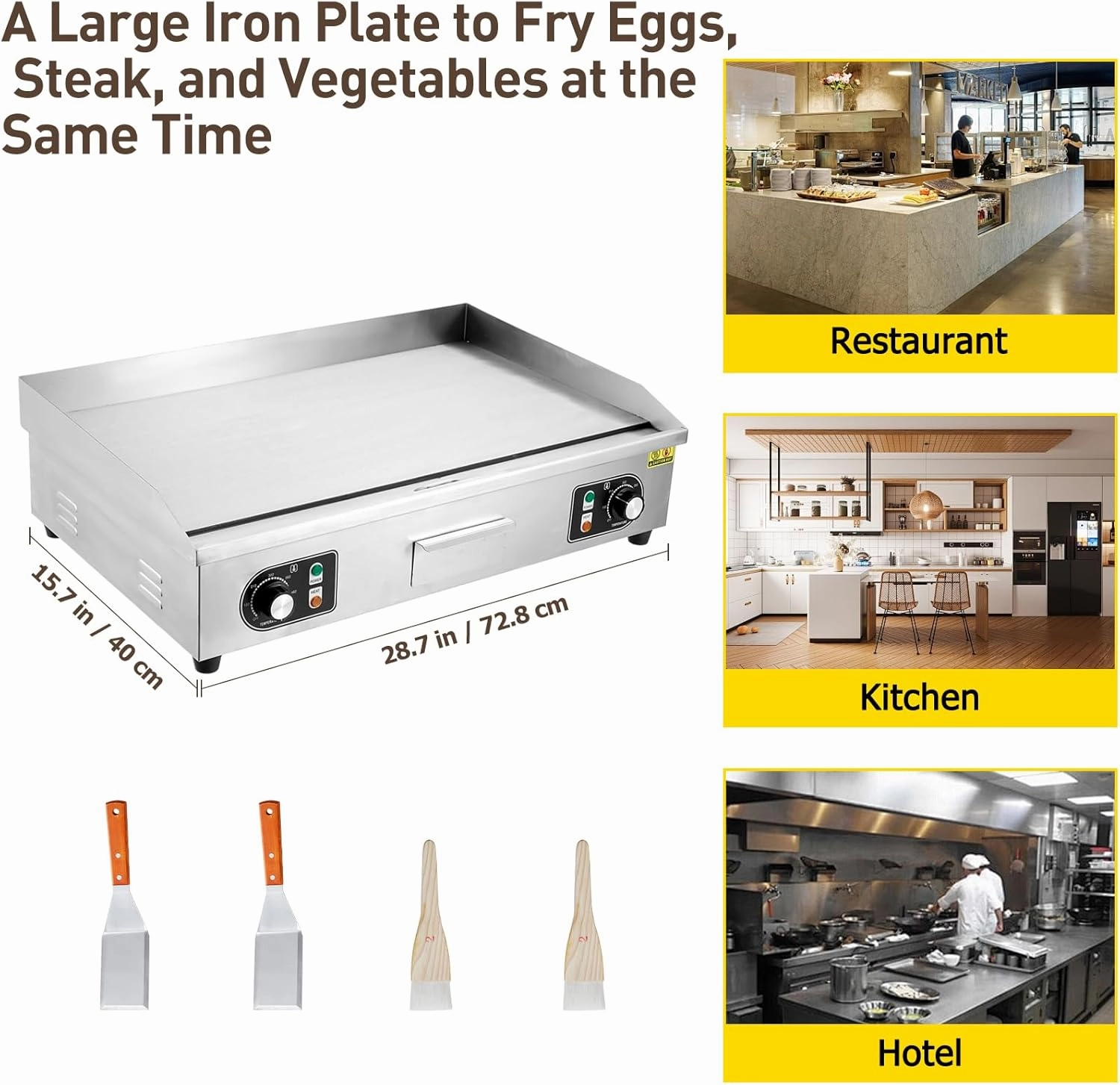 30" Commercial Electric Griddle, 3000W Electric Countertop Griddle, Non-Stick Restaurant 110V Teppanyaki Flat Top Grill Stainless Steel Adjustable Temperature Control 122°F-572°F (NO PLUG)