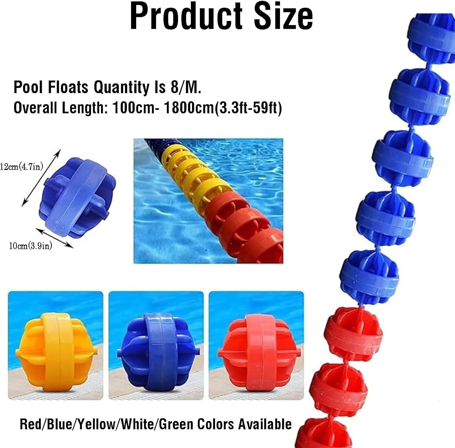 3.3ft - 60ft Pool Safety Floats Pool Divider Rope High Buoyancy Safety Floating Rope Line, UV-Proof & Eco-Friendly Lane Separation Cord, Clearly Distinguish Between Waters(Nylon,18m/60ft)